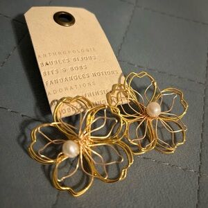 Anthropologie Gold Wire and Pearl Floral Earrings
